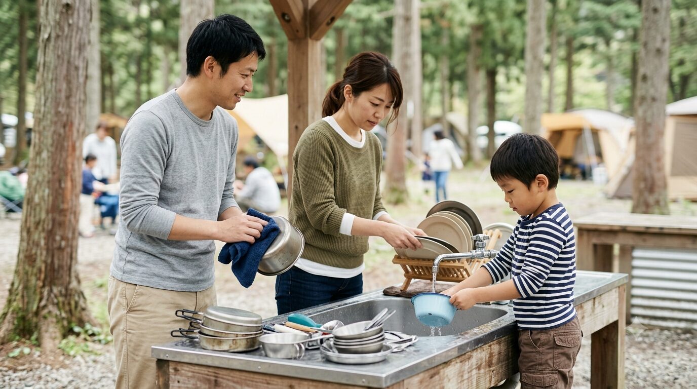 キャンプ場の撤収準備を表すイメージ画像