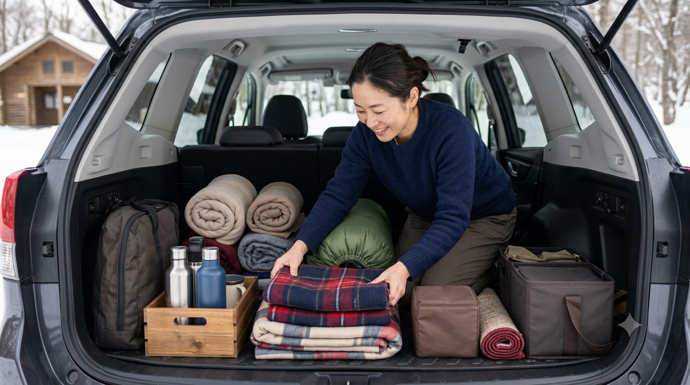家族キャンプの車内整理を表すイメージ画像