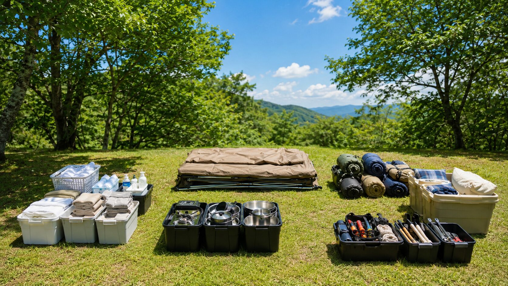 夏のファミリーキャンプ荷物管理を表すイメージ画像