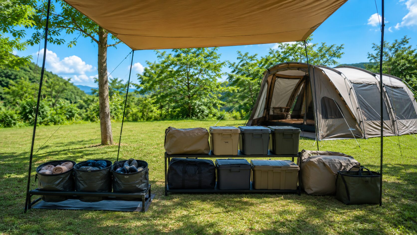 夏のファミリーキャンプ収納術を表すイメージ画像