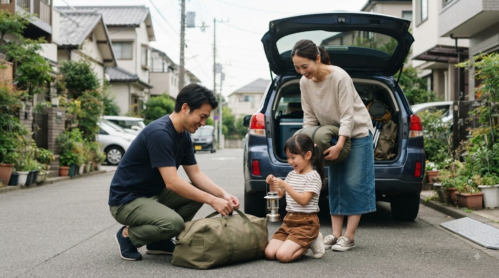 家族向けキャンプ用品を並べた様子を表すイメージ画像
